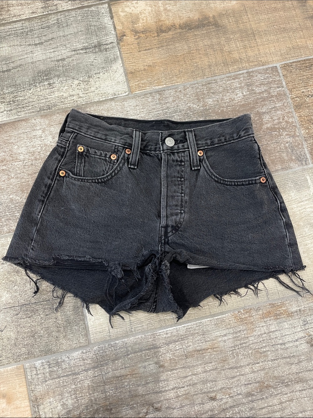 Levi's 501 Black Jean Shorts Button Fly Frayed Hem Size 24